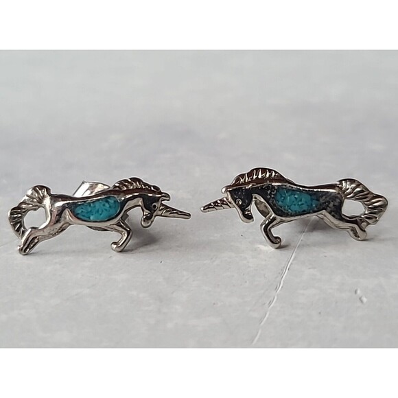 Unicorn Faux Turquoise Silver Tone Stud Earrings Vintage - Picture 6 of 10